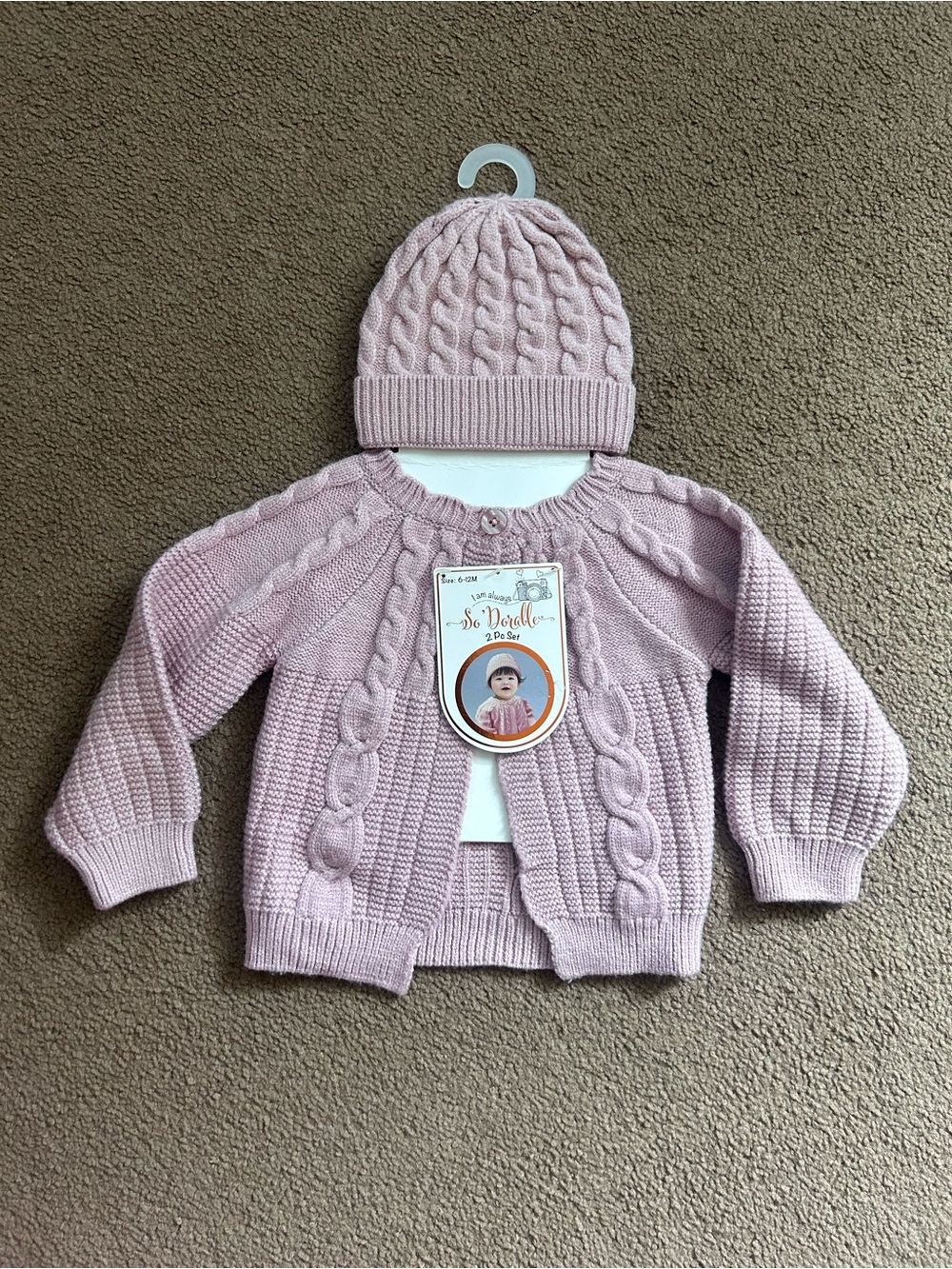 Chunky Knit Baby Sweater & Hat Set 6-12 Months Rose Color Soft - Picture 1 of 5